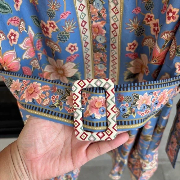 blue superbloom tapestry organic cotton mini dress Farm Rio Blue Embroidered Tapestry Mini Dress - Embroidered Tapestry Blue